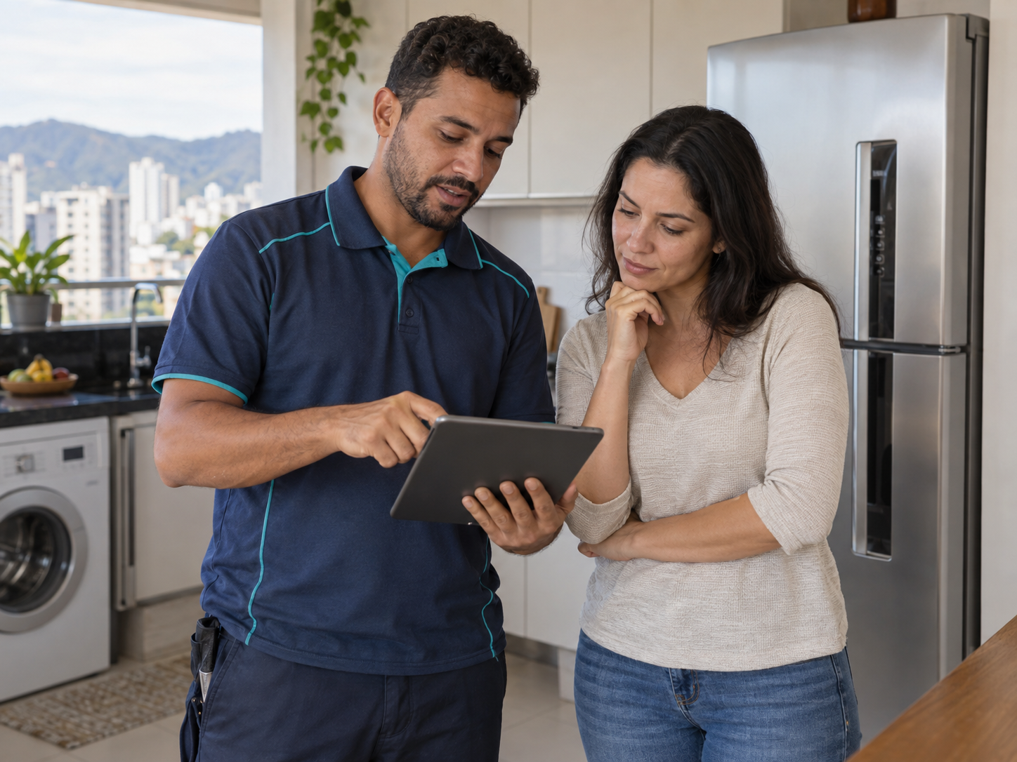 Técnico e cliente conversando sobre o orçamento do serviço