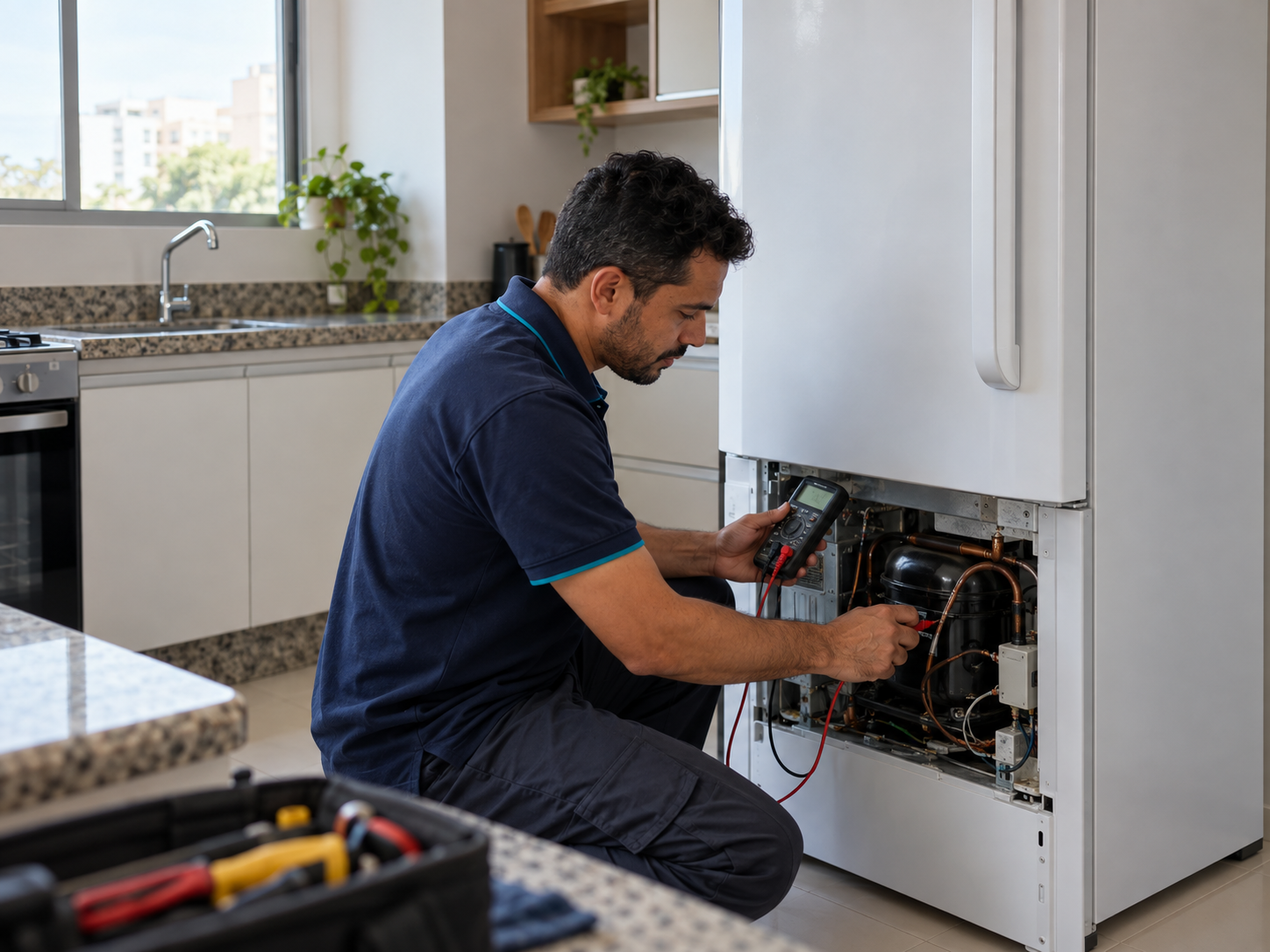 Técnico verificando geladeira em residência de Belo Horizonte