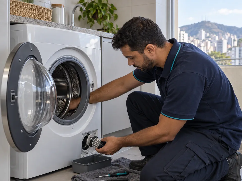 Técnico inspecionando uma máquina de lavar